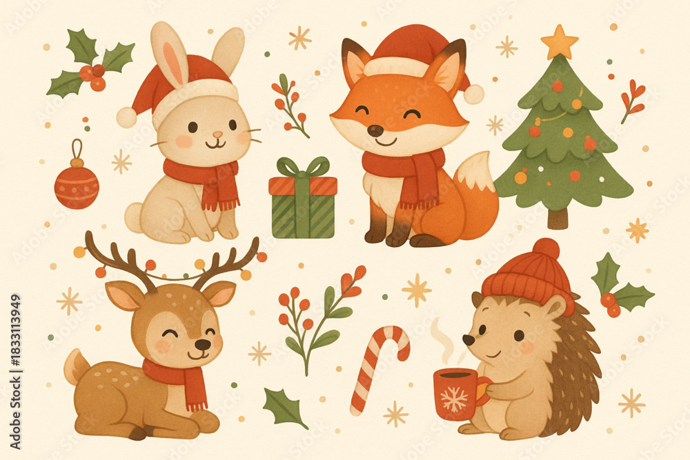 Naklejka premium Cute Christmas Forest Animals – Rabbits, Foxes, Deer & Hedgehogs with Festive Elements