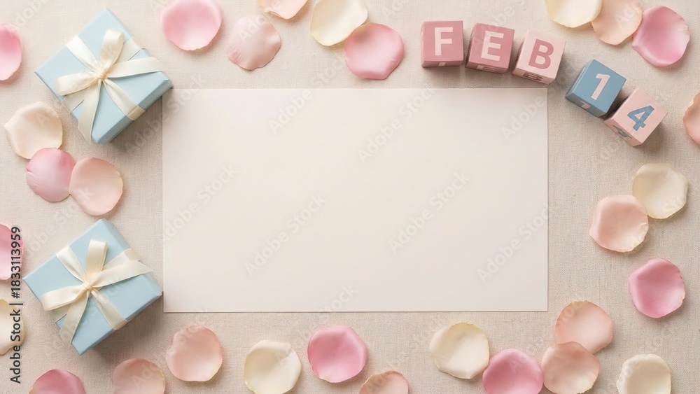 Obraz premium Elegant Valentine's Day flatlay with soft pastel petals and gifts for romantic designs or heartfelt messages, perfect for social media and print