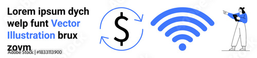 Dollar sign with arrows, wireless icon, and a person holding a tablet. Ideal for finance, technology, connectivity, remote work, e-commerce, digital economy simple landing page