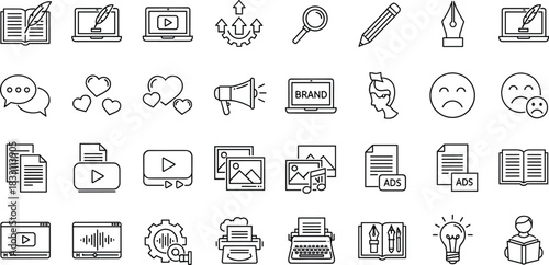 Content creation and digital marketing line icons set featuring writing, branding, social media engagement, video production, advertising tools, creativity elements, and communication symbols