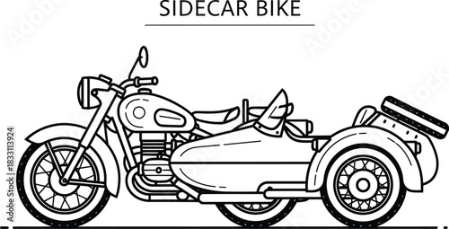 Detailed line art illustration of a vintage motorcycle with a sidecar design