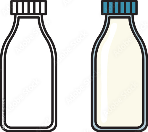 Vector illustration of two bottles: one outlined and one filled with cream liquid and blue-striped cap. Ideal for dairy icons, beverage packaging, educational visuals, and minimalist design comparison