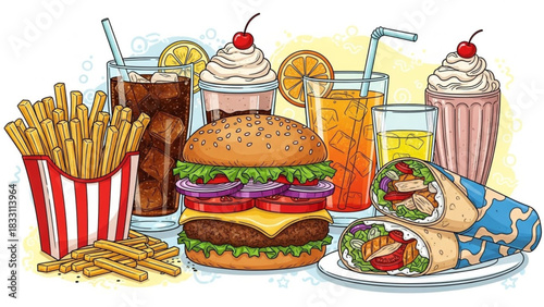 Colorful Hand-Drawn Fast Food Illustration – Burgers, Fries, Wraps & Drinks