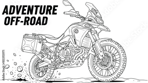 Detailed line art illustration of an adventure motorcycle riding off road terrain