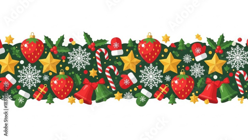Christmas Border Pattern – Red Strawberry Baubles, Stars & Snowflakes, Seamless Vector