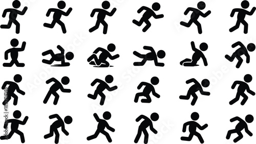 Black stick figure sprite sheet displaying a complex motion sequence from dynamic running and jogging to tripping, stumbling, falling, and collapsing onto the ground, illustrating failure, accident, o