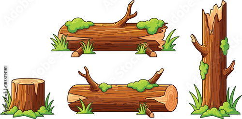 Cartoon tree stump log and broken tree trunk with moss and grass wood