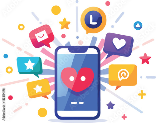 Joyful digital notifications bursting from a smartphone screen vector illustration