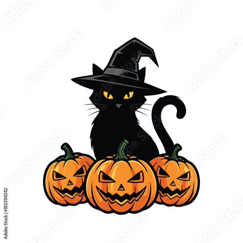 Mysterious black cat adorned with a witch hat poses with carved pumpkins perfect for halloween themed designs and decorations