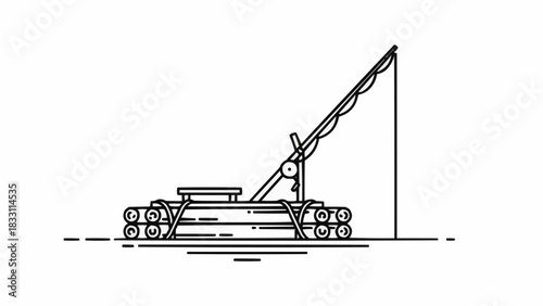 Detailed illustration of a raft with a crane for construction purposes.