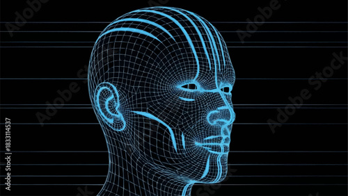 Futuristic blue wireframe head representing artificial intelligence.