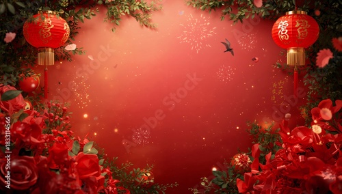 Festive Red Backdrop With Decorative Lanterns and Lush Greenery for Celebration Events