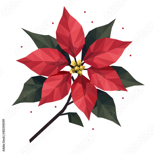 Geometrische Illustration eines roten Weihnachtssterns mit grünen Blättern. Stilisiertes, polygonales Design der beliebten Winter- und Weihnachtsblume.