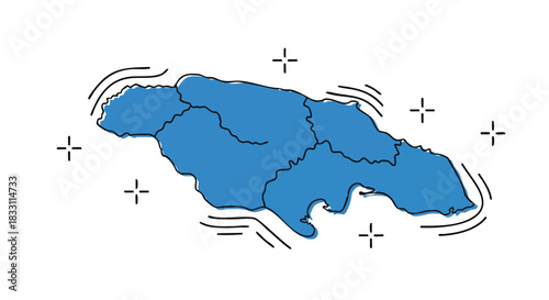 Isolated Blue Silhouette of Jamaica's Island Map with Stylized Lines and Cross Marks on a White Background Vector Art