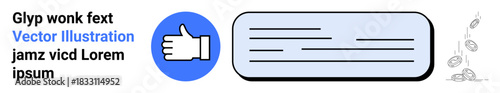 Communication, approval, feedback, social media, messages, minimal design. A thumbs-up icon with text blocks and simple graphics. Approval and feedback symbol in a digital context