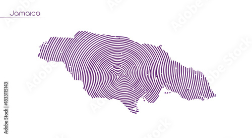 Abstract fingerprint outline of Jamaica island featuring concentric purple lines against a white background symbolizing identity