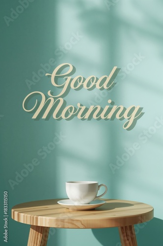 Warm Morning Light Highlights a Cozy Coffee Cup on a Wooden Table With a Cheerful Greeting on the Wall