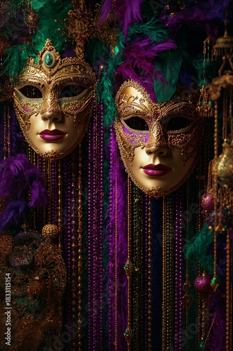 Vibrant Masks Adorn a Charming Street at Sunset in a Festival Setting