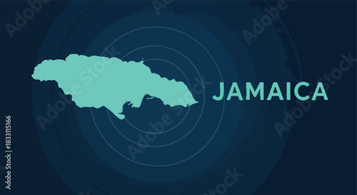 Stylized Map of Jamaica with Concentric Circles and Text Jamaica on a Dark Blue Background Representing Global Reach or Location