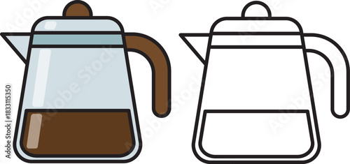 Vector illustration of coffee pot in colored and outline styles. Great for café branding, barista tools, beverage icons, coloring pages, and coffee-themed educational or design comparison projects.