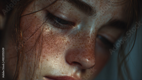 A close-up of a thoughtful woman's face, highlighting her skin, eyes, and freckles, evoking a sense of introspection and serenity