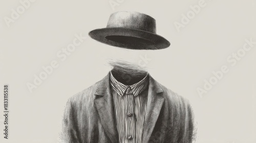 Surreal depiction of a formal figure in suit and hat, floating above shoulders with invisible face,
