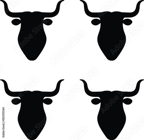 Black bull head silhouette set, wild ox with horns, Taurus zodiac symbol, ranch logo mascot, cow face vector illustration isolated on white