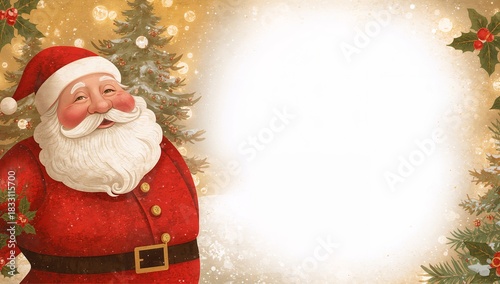 Santa Claus Smiling in a Festive Winter Scene With Christmas Trees and Decorations