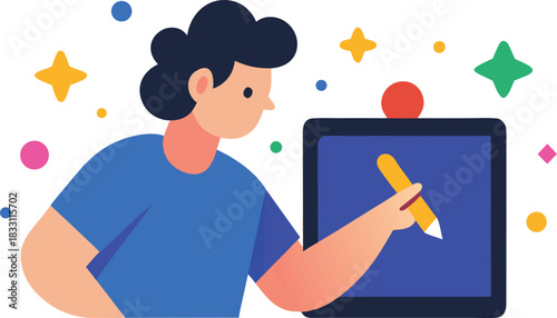 Modern flat vector illustration person editing photo on tablet with stylus scalable eps