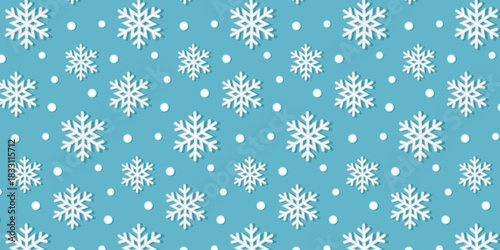 Clean flat vector seamless pattern with white snowflakes and round snow on teal blue background. Soft drop shadow adds depth. Ideal for holiday wrapping paper, textiles, wallpapers, gift tags, digital