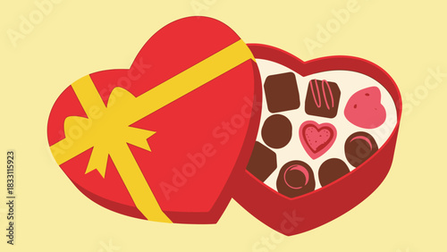 A heart-shaped box of assorted chocolates, tied with a yellow ribbon, perfect for Valentine's Day.