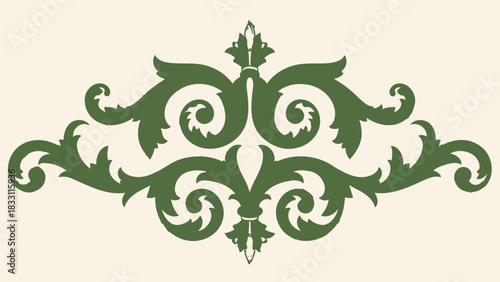 A decorative green flourish with symmetrical scrollwork and leaf motifs on a cream background.