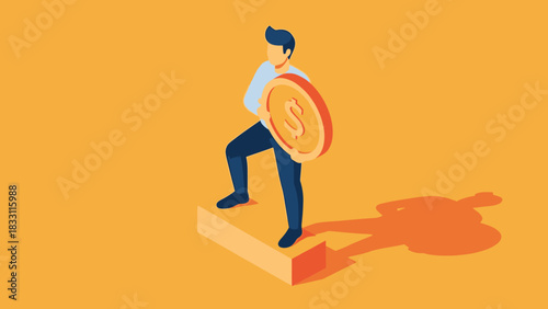 Businessman standing on a pedestal holding a large dollar coin as a shield, representing financial success and protection.