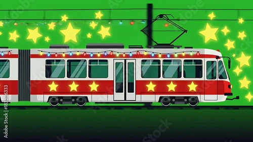 Red White City Tram Passing Green Star Background.