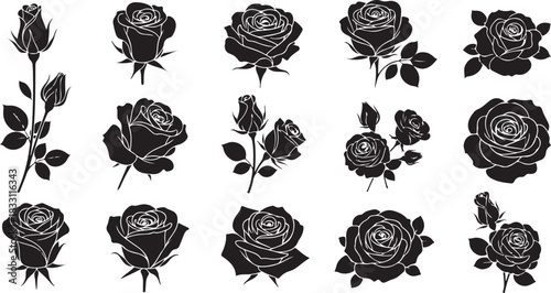 Rose Silhouette Vector Bundle | Black Floral Clipart Set | Rose Flower Outline Illustrations for Print & Craft