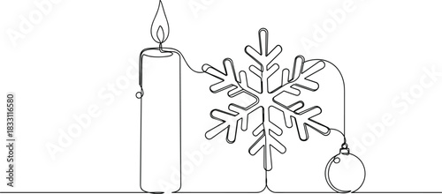 Linear Christmas Greeting Card Featuring Candle and Snowflake.