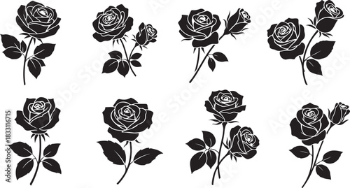 Rose Silhouette Vector Bundle | Black Floral Clipart Set | Rose Flower Outline Illustrations for Print & Craft