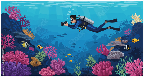 Scuba diver photographing a vibrant coral reef underwater scene filled with colorful tropical fish and deep blue ocean life.