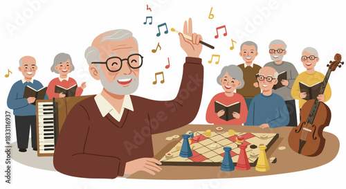 Cheerful group of active seniors singing together and playing board games, illustrating retirement hobbies and social community life.