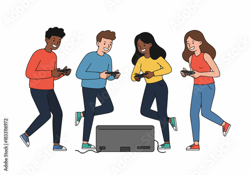 Happy diverse friends enjoying a competitive video gaming session together.