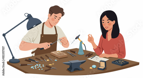 Professional Jeweler and Female Client Consulting on a Custom Ring Design at a Workshop Workbench, surrounded by Tools and Gemstones.