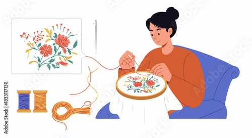 Smiling woman enjoying floral embroidery, sitting comfortably and handcrafting textile art with needle and thread.