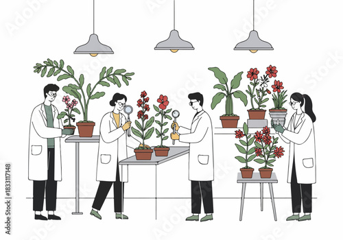 Team of botanists and scientists researching flowers and plants in a laboratory setting, conducting biological experiments.
