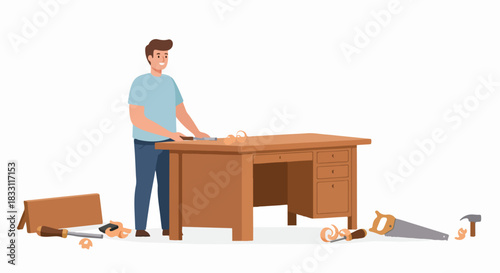 Happy Carpenter Woodworker Illustration Standing at a Wooden Desk with Tools and Wood Shavings, Showing Craftsmanship.