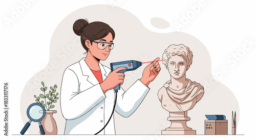 Scientist using a laser tool to examine and restore an ancient classical bust sculpture, symbolizing art conservation technology.