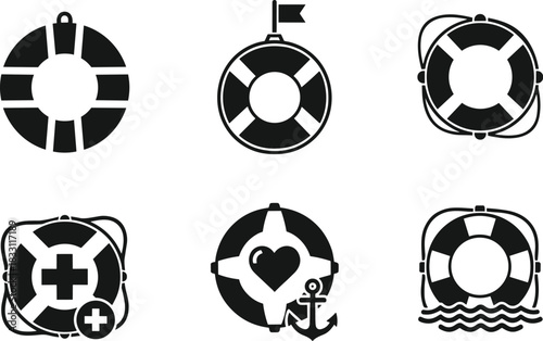 Collection of stylized life preserver icons with nautical and medical symbols