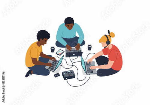 Diverse young people collaborating on a digital project with laptops and audio mixer, isolated vector illustration of team communication and creative work.