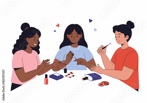 Group of friends doing manicures and self-care together, illustrating bonding time and beauty routines.