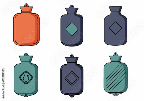 Collection of colorful hot water bag icons. Vector illustrations for warmth, pain relief, and medical therapy applications.