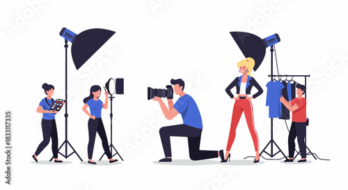 Fashion photo shoot production team working in a studio. Photographer, model, makeup artist, and stylist collaborate on set.